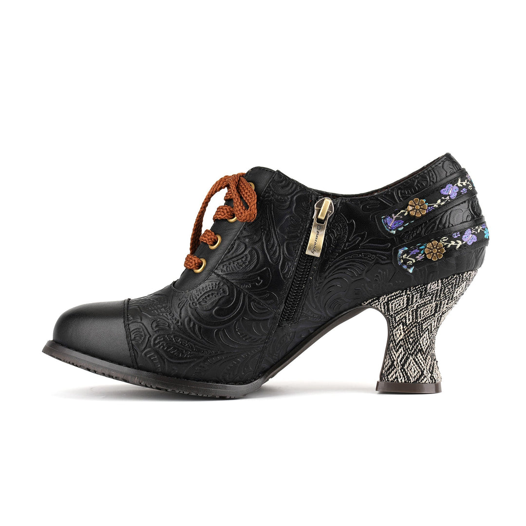 Nicolasa | Women's Floral Embossed Lace-Up Heels