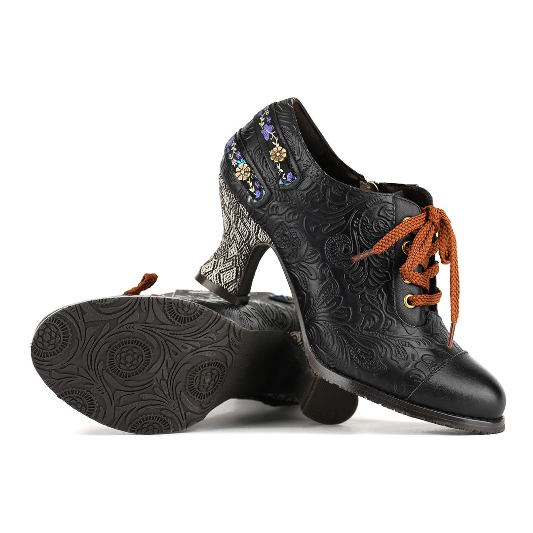 Nicolasa | Women's Floral Embossed Lace-Up Heels