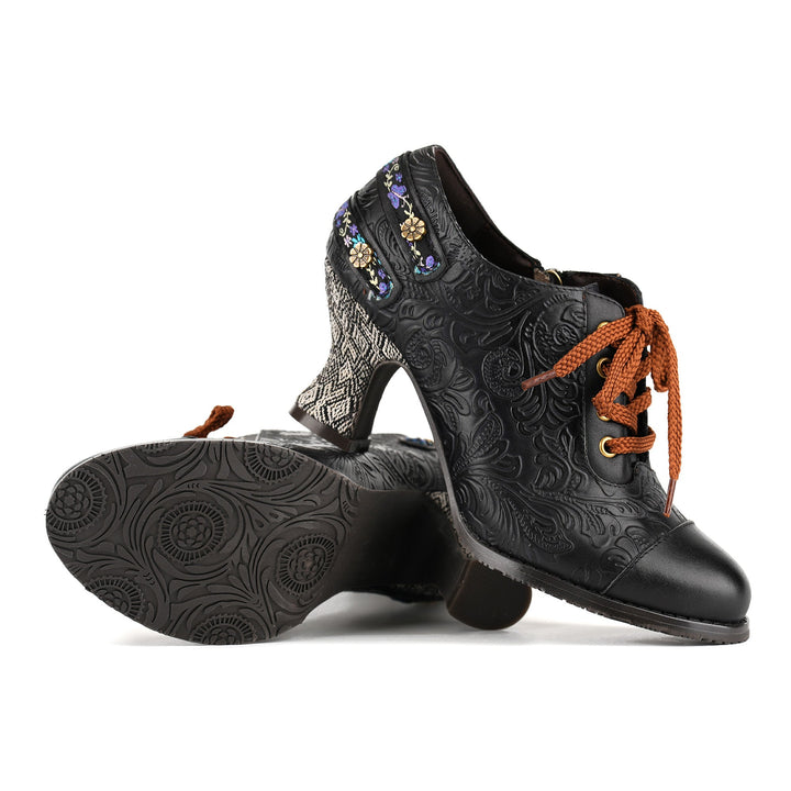 Nicolasa | Women's Floral Embossed Lace-Up Heels