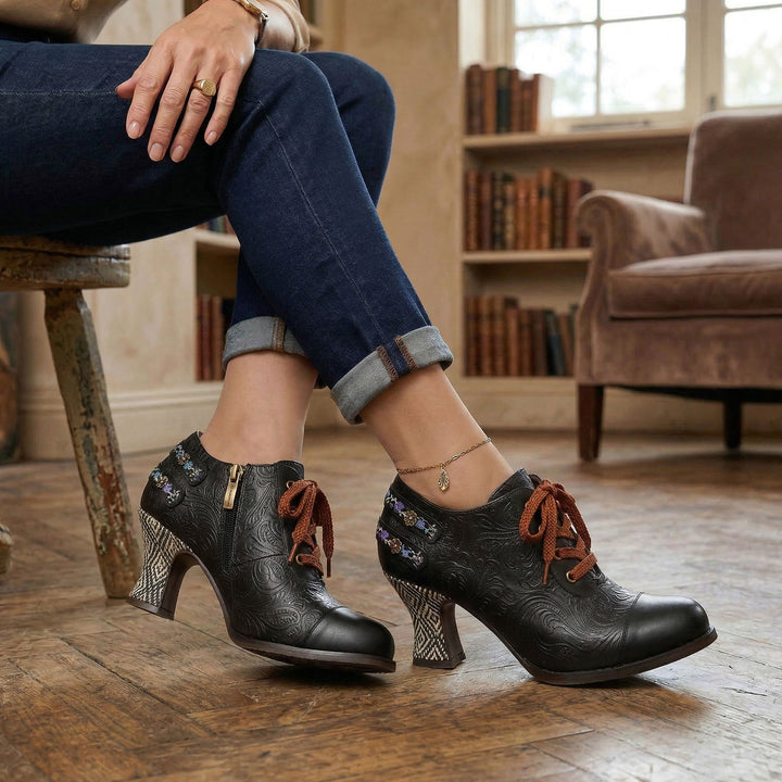 Nicolasa | Women's Floral Embossed Lace-Up Heels