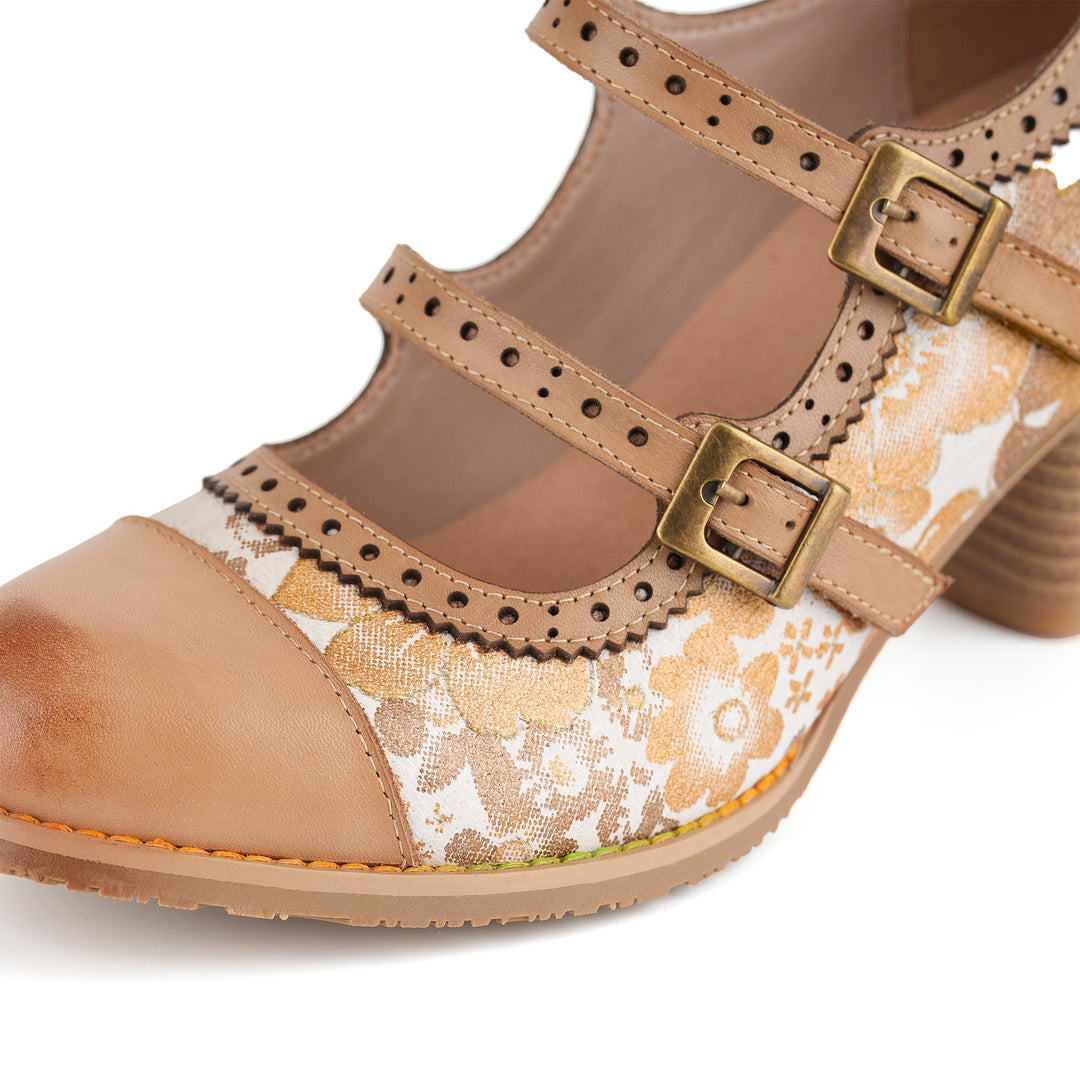 Dorianne™ | Double Buckle Strap Floral Mary Jane Heel
