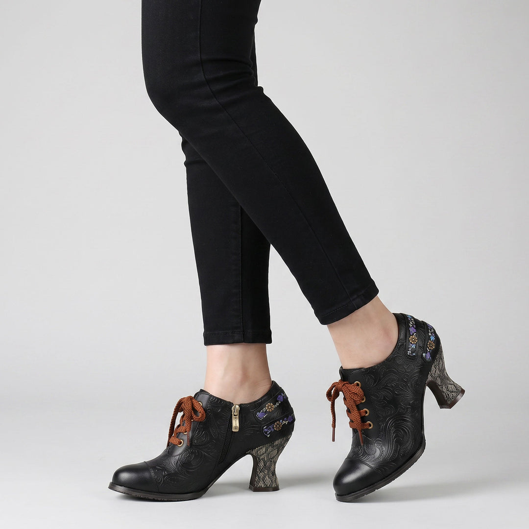 Nicolasa | Women's Floral Embossed Lace-Up Heels