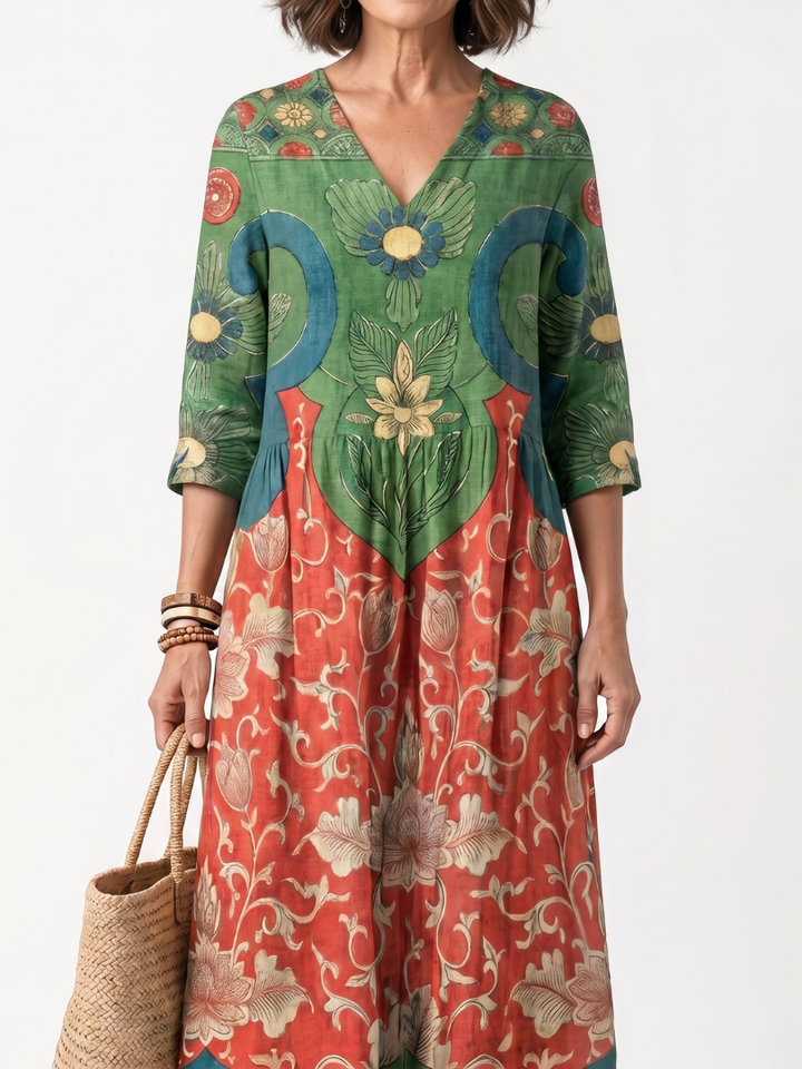 Sloane™ | Women's Mixed Print V-Neck Pocket Midi Dress
