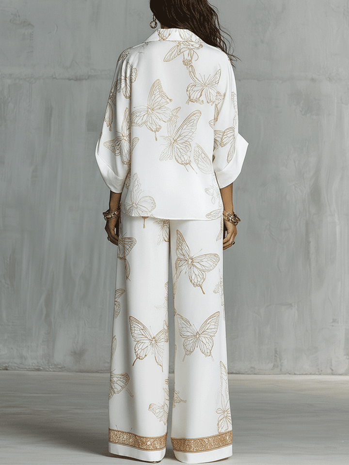 Bohemian Luxe Butterfly Jacquard Blouse & Wide-Leg Pants Set