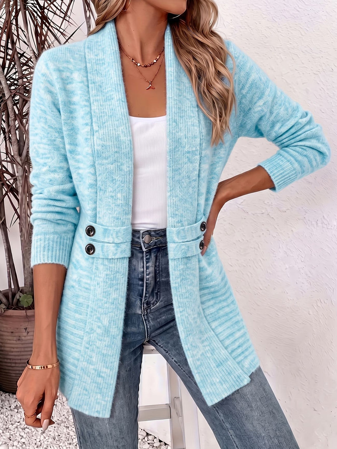 Nova™ | Aqua Ribbed Knit Button-Tab Cardigan
