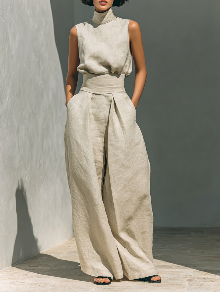 Venancia™ | Women's High-Neck Top &amp; Wide-Leg Pants Two-Piece Set