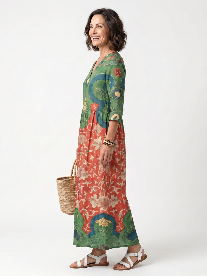 Sloane™ | Women's Mixed Print V-Neck Pocket Midi Dress