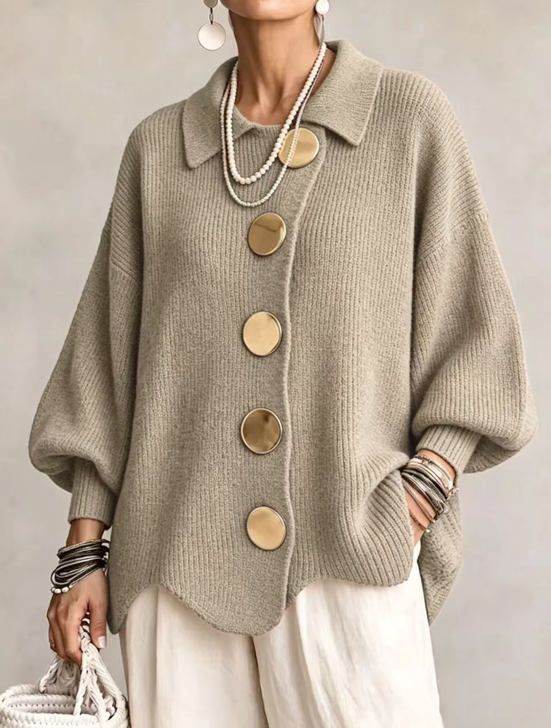 Isadora™ | Oversized Collared Cardigan With Large Metal Buttons
