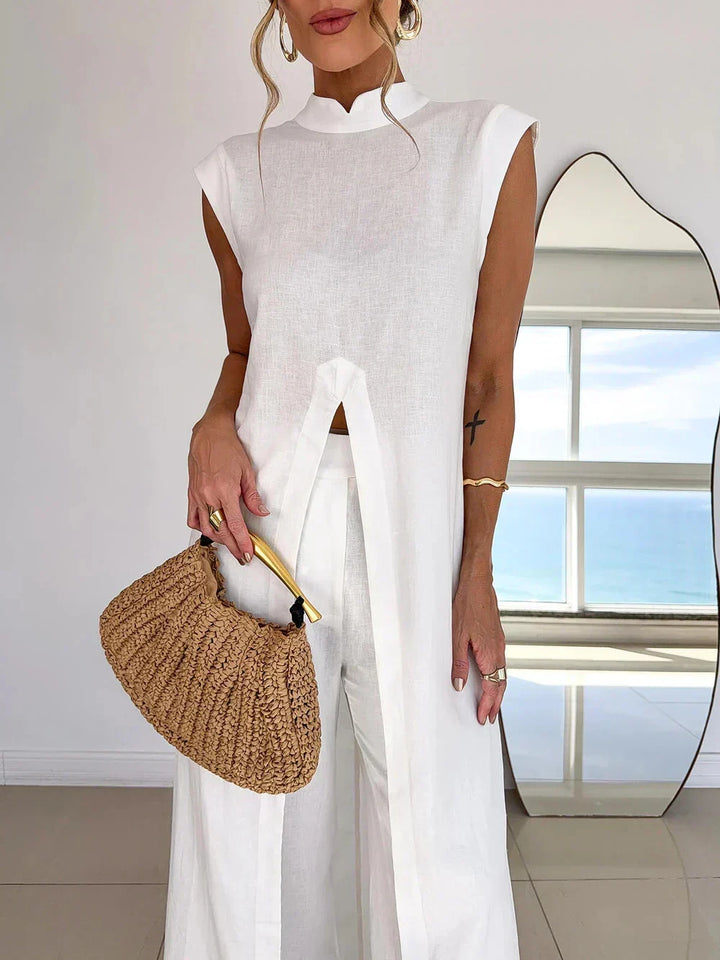 Benigna™ | Women's Ruffle Shoulder Tunic &amp; Wide-Leg Pants Two-Piece Set