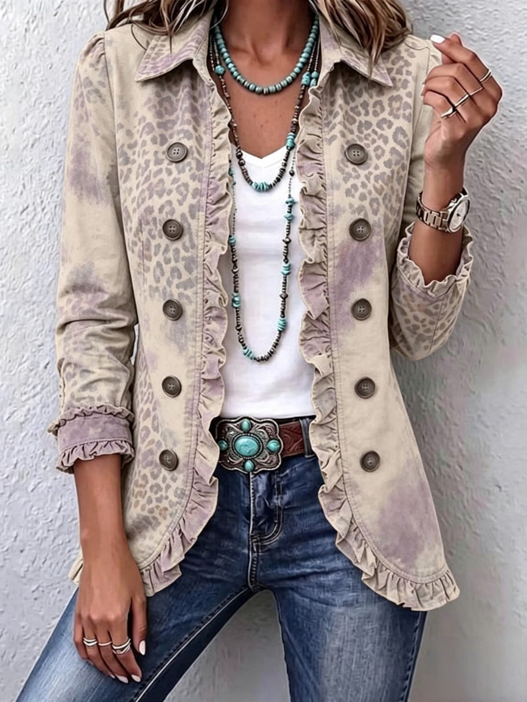 Lilavere™ | Women's Lilac Leopard Ruffle Trim Jacket