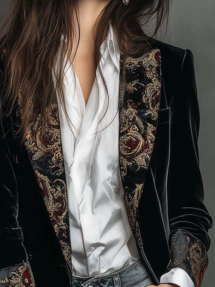 Delphine | Black Baroque-Print Slim Fit Blazer