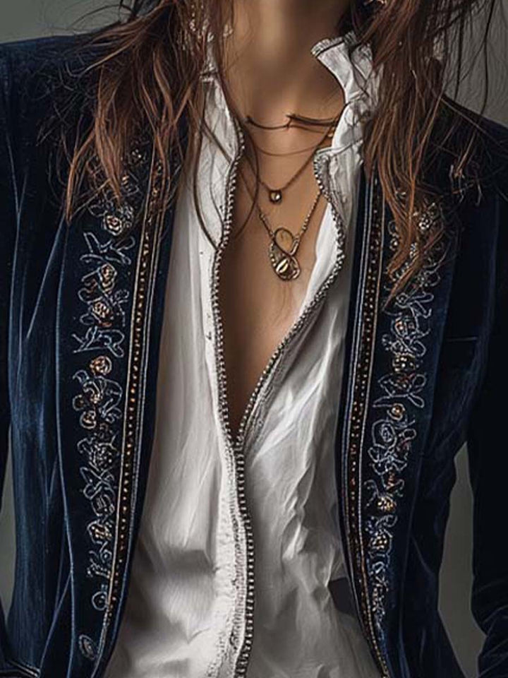 Josephine | Navy Embroidered Vintage Longline Jacket