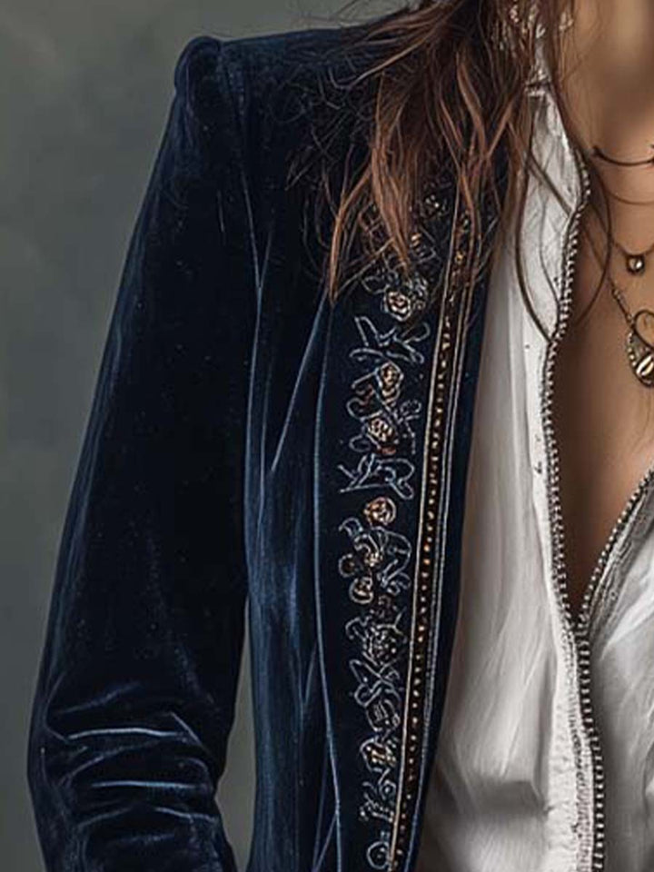 Josephine | Navy Embroidered Vintage Longline Jacket