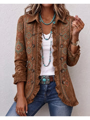 Ambrelle™ | Women's Cognac Medallion Print Ruffle Jacket