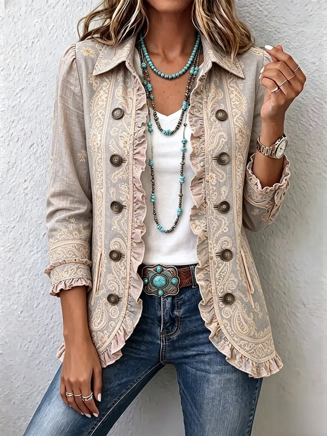 Greysanne™ | Women's Greige Paisley Double-Breasted Jacket