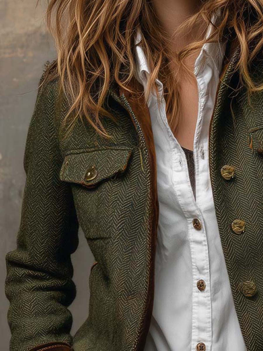 Wilhelmina | Herringbone Contrast-Trim Vintage Blazer