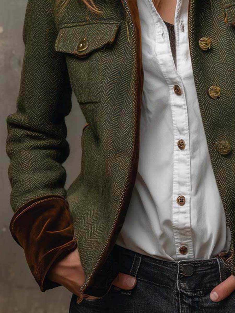 Wilhelmina | Herringbone Contrast-Trim Vintage Blazer