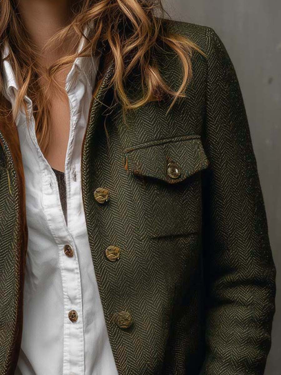 Wilhelmina | Herringbone Contrast-Trim Vintage Blazer