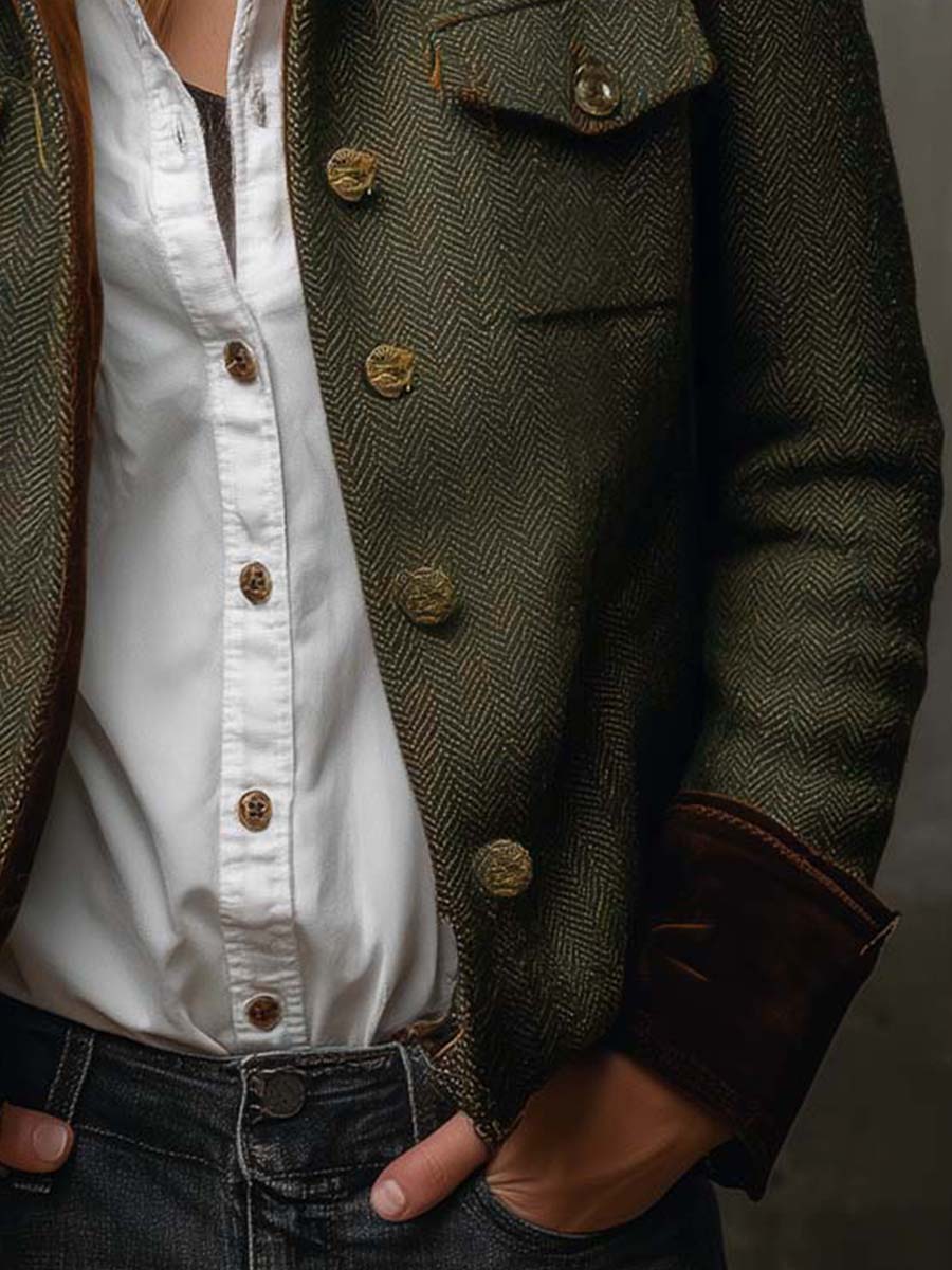 Wilhelmina | Herringbone Contrast-Trim Vintage Blazer