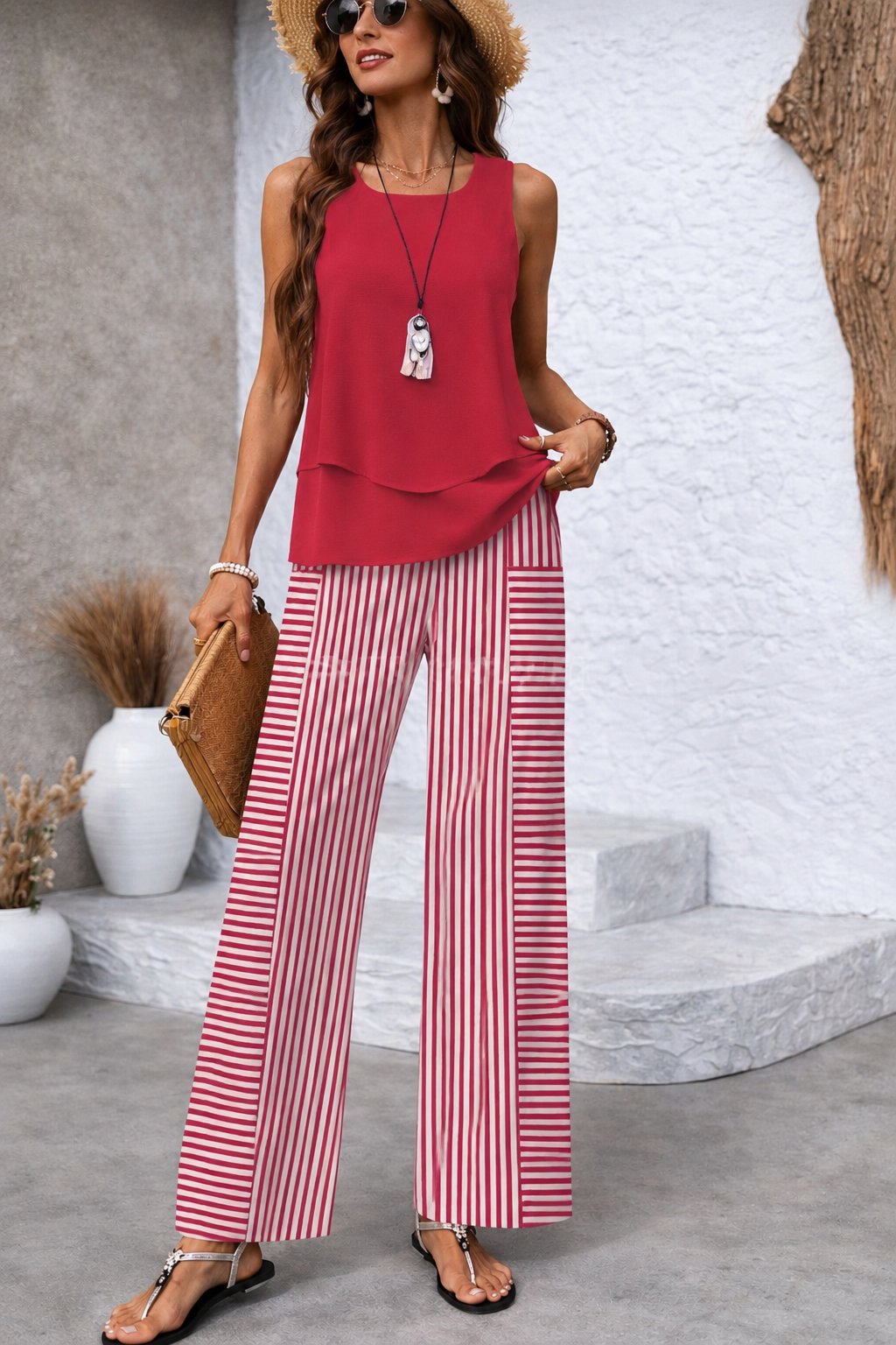 Ramona™ | Women's Sleeveless Top &amp; Striped Wide-Leg Pants Two-Piece Set