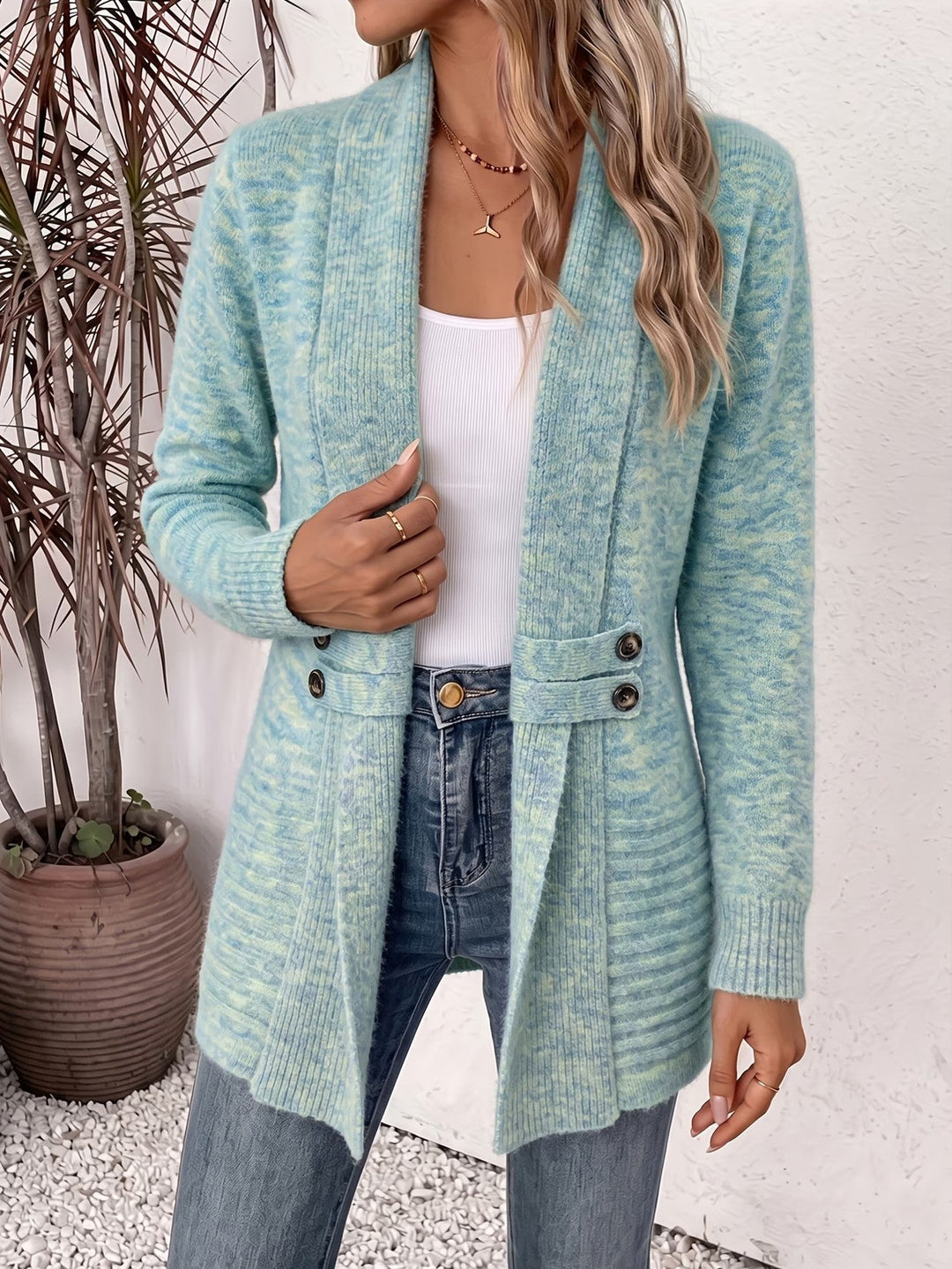 Nova™ | Aqua Ribbed Knit Button-Tab Cardigan