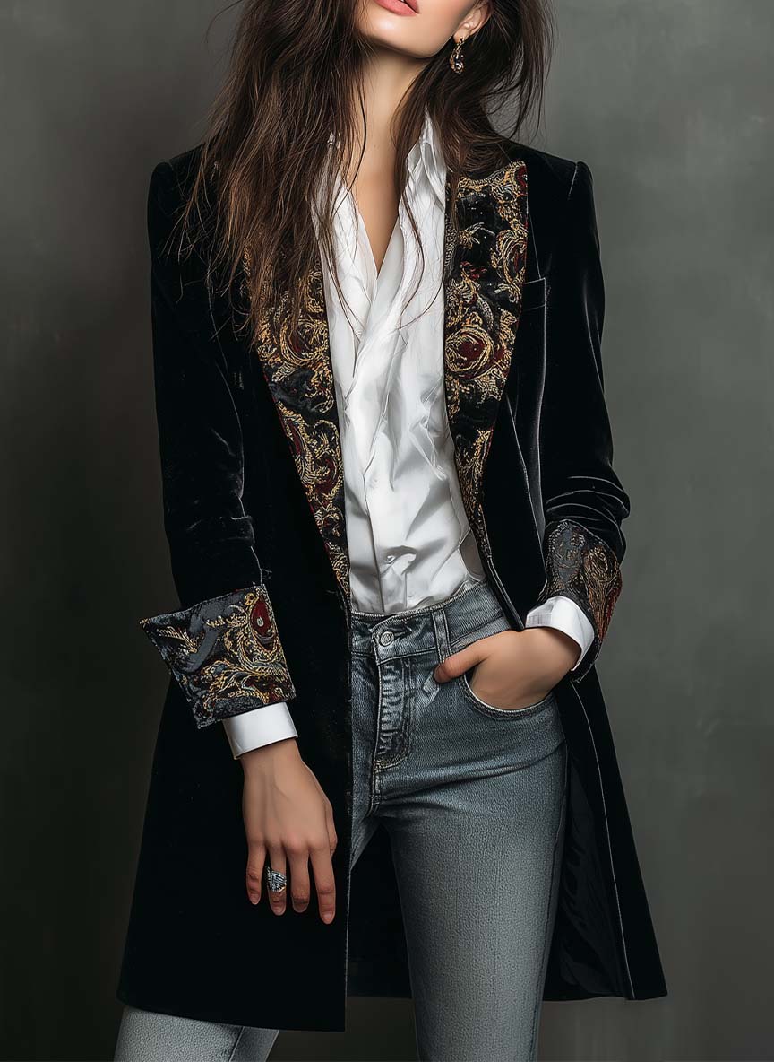 Delphine | Black Baroque-Print Slim Fit Blazer