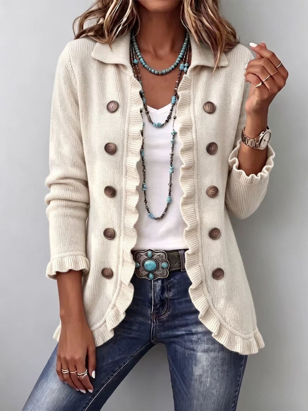 Adeline™ | Ivory Ribbed Knit Ruffle Jacket