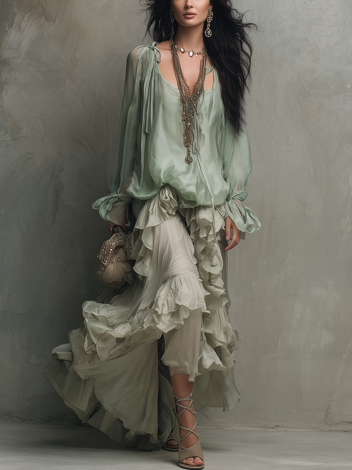 Bohemian Mint Chiffon Ruffle Blouse With Layered Skirt