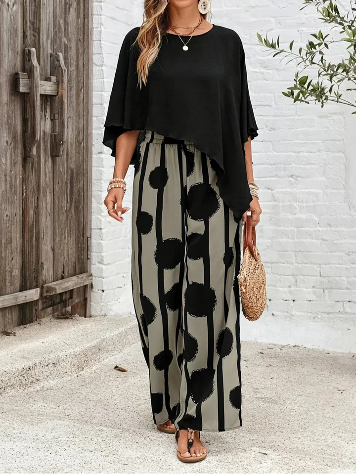 Valeriana™ | Women's Asymmetric Top &amp; Abstract Wide-Leg Pants Two-Piece Set