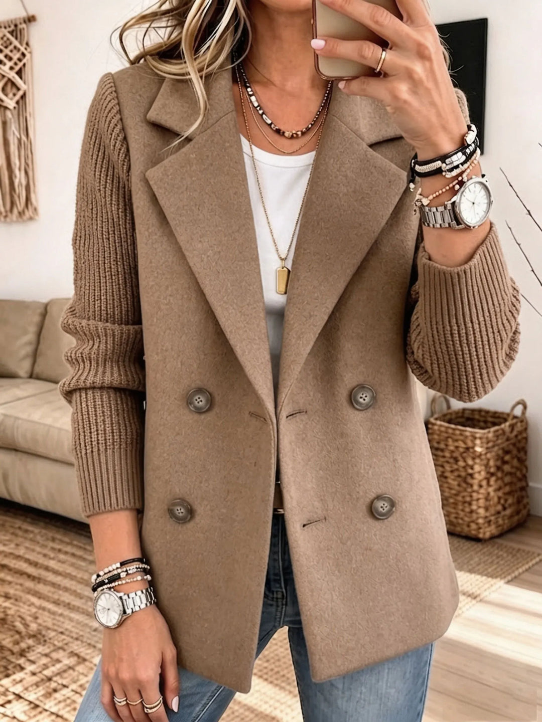 Sabine™ | Double-Breasted Blazer with Knit Sleeves