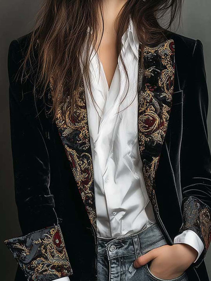 Delphine | Black Baroque-Print Slim Fit Blazer