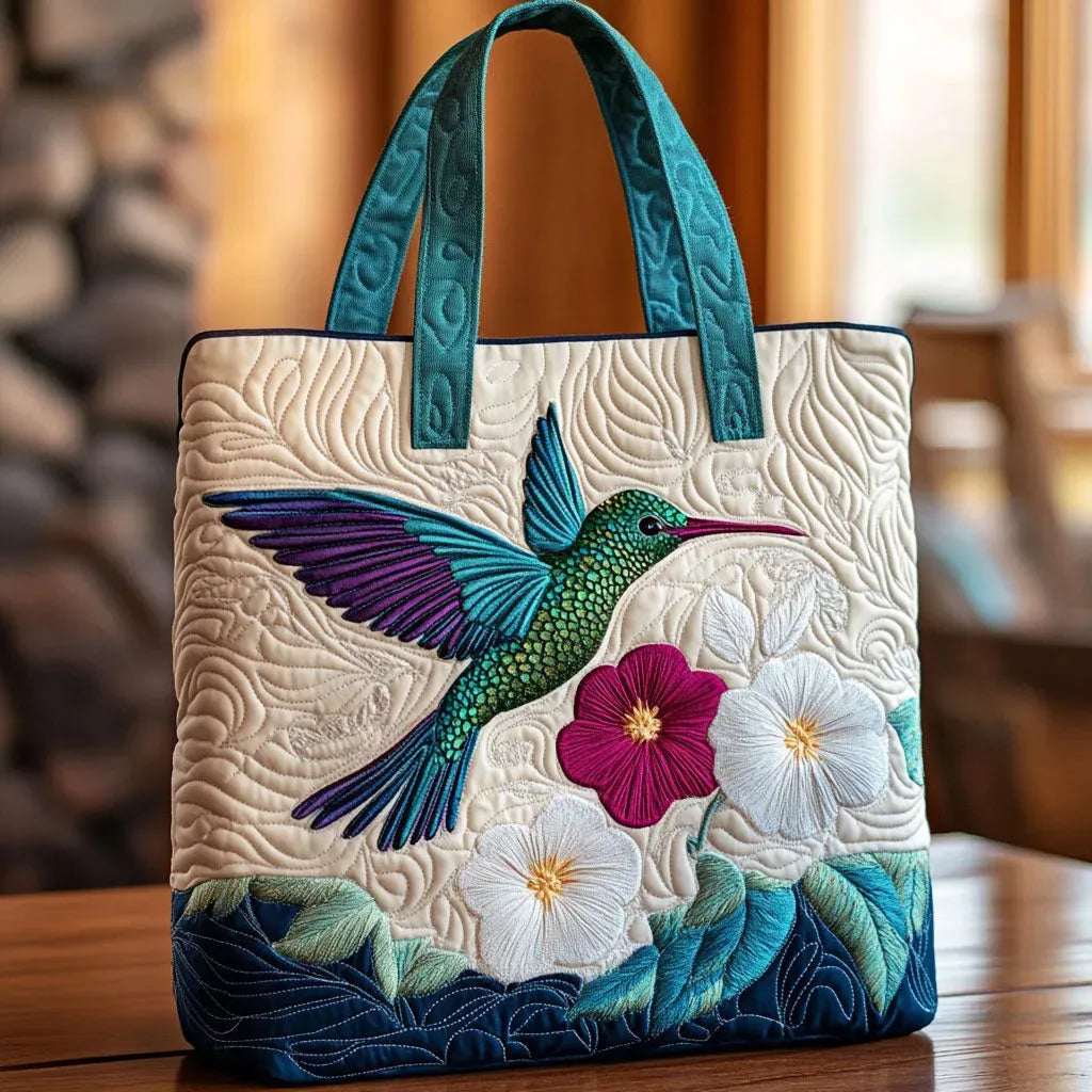 Borsa Floreale Trapuntata colibrì e fiore bianco – Due Misure