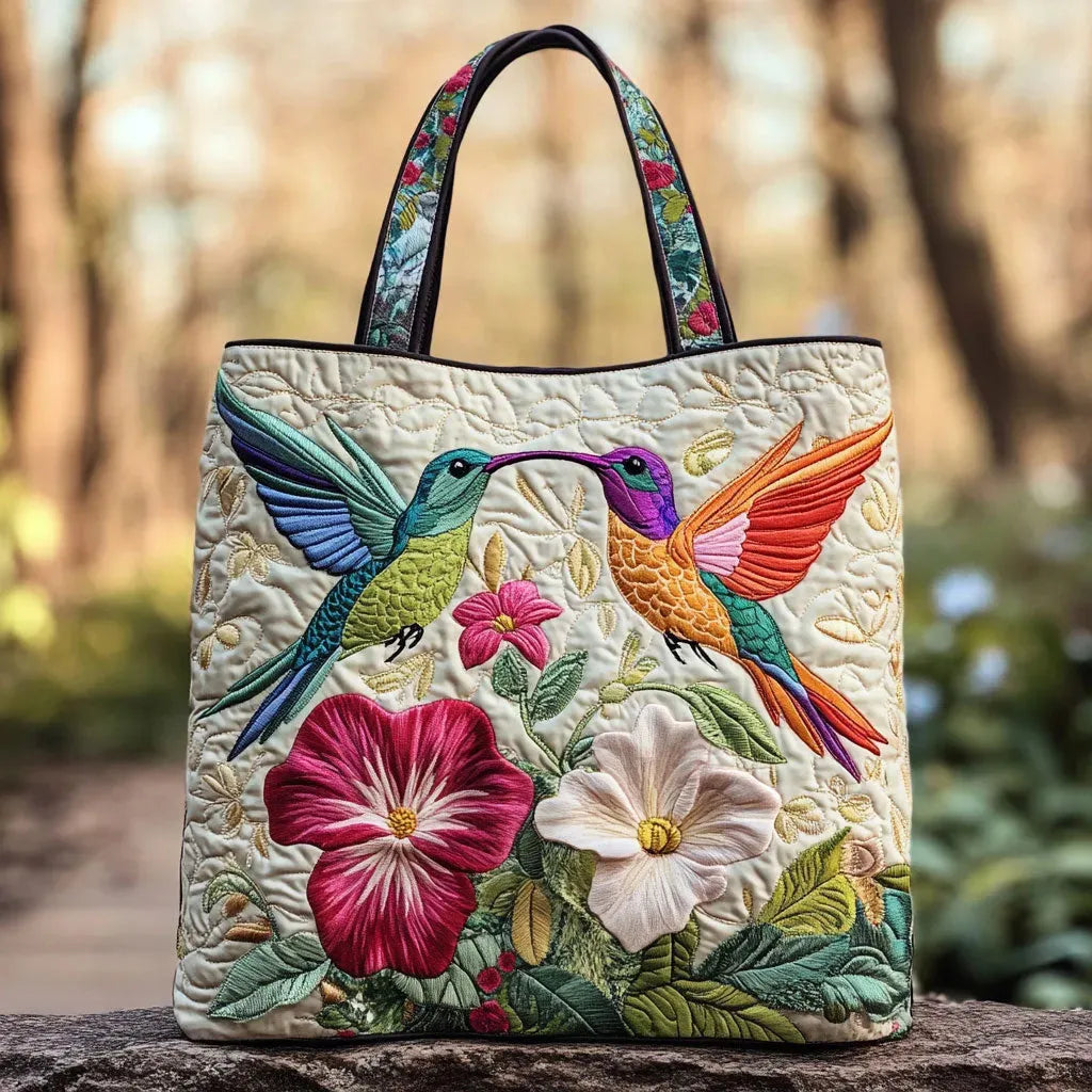 Borsa Floreale Trapuntata colibrì e fiori bianchi – Due Misure