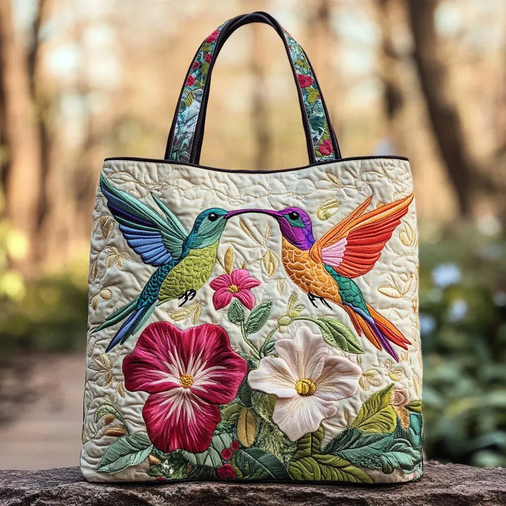 Borsa Floreale Trapuntata colibrì e fiori bianchi – Due Misure