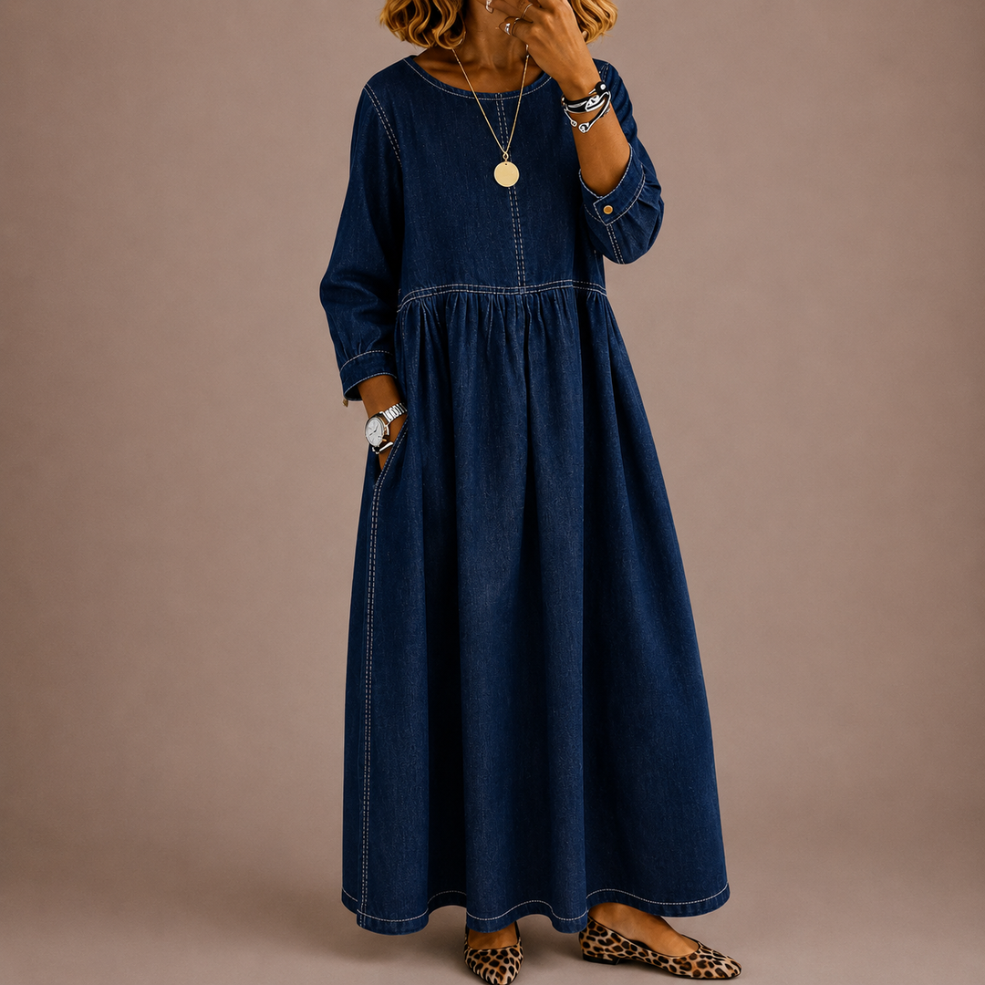 Melissa | Round Neck Long Sleeve Denim Dress