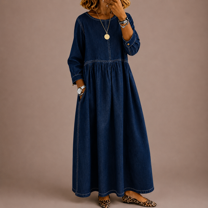 Melissa | Round Neck Long Sleeve Denim Dress