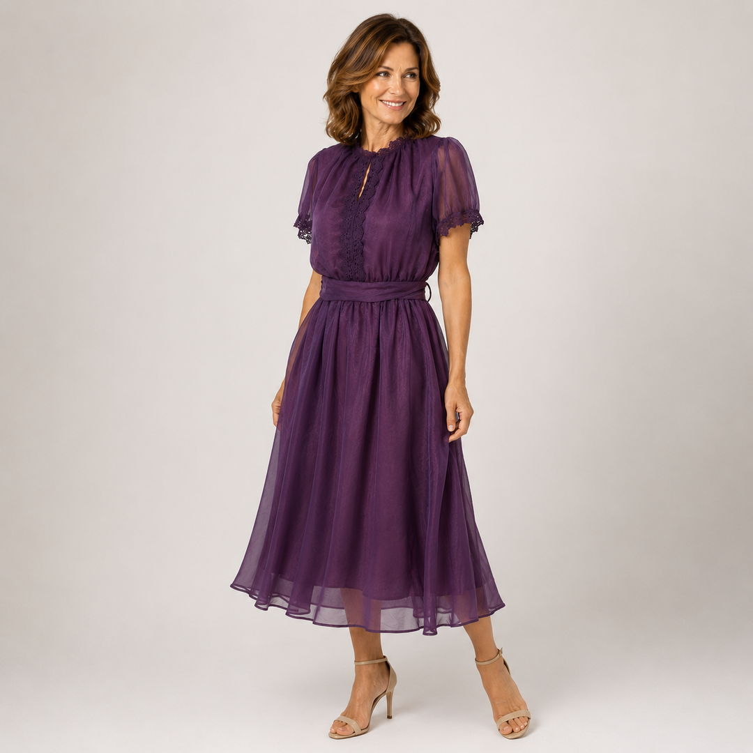 Flavia | Maxi Abito con Scollo a Goccia e Bordo in Pizzo Chiffon