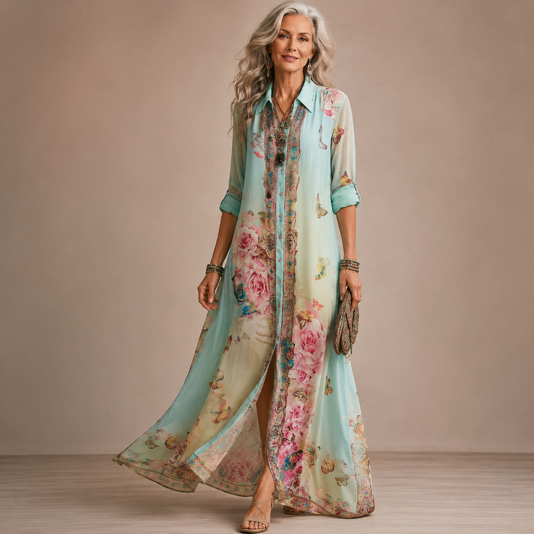 Baroque Floral Chiffon Maxi Dress