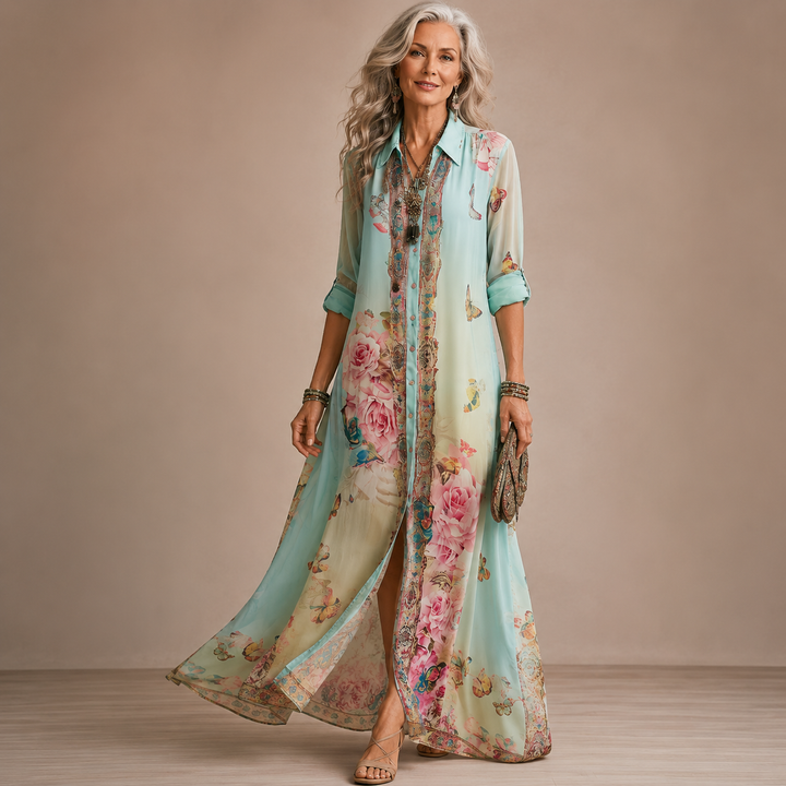 Baroque Floral Chiffon Maxi Dress