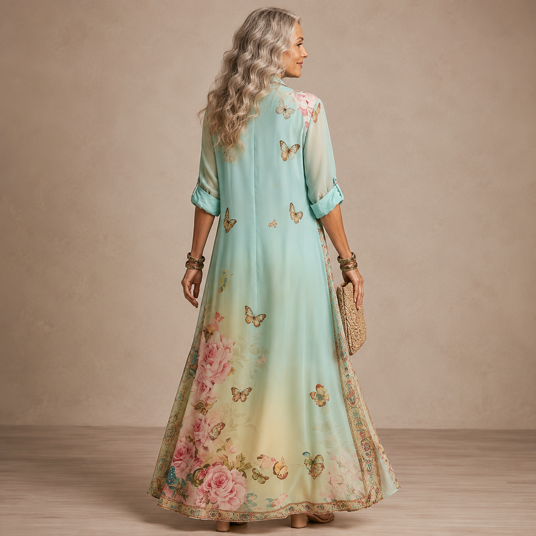 Baroque Floral Chiffon Maxi Dress