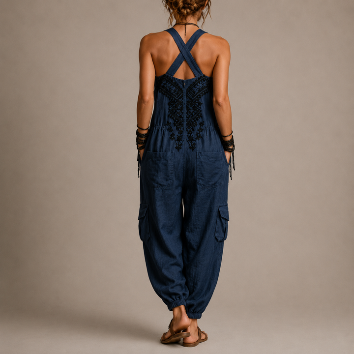 Astrid™ | Embroidered Boho Jumpsuit – Navy Blue