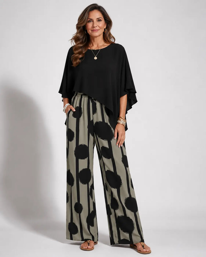 Valeriana™ | Women's Asymmetric Top &amp; Abstract Wide-Leg Pants Two-Piece Set