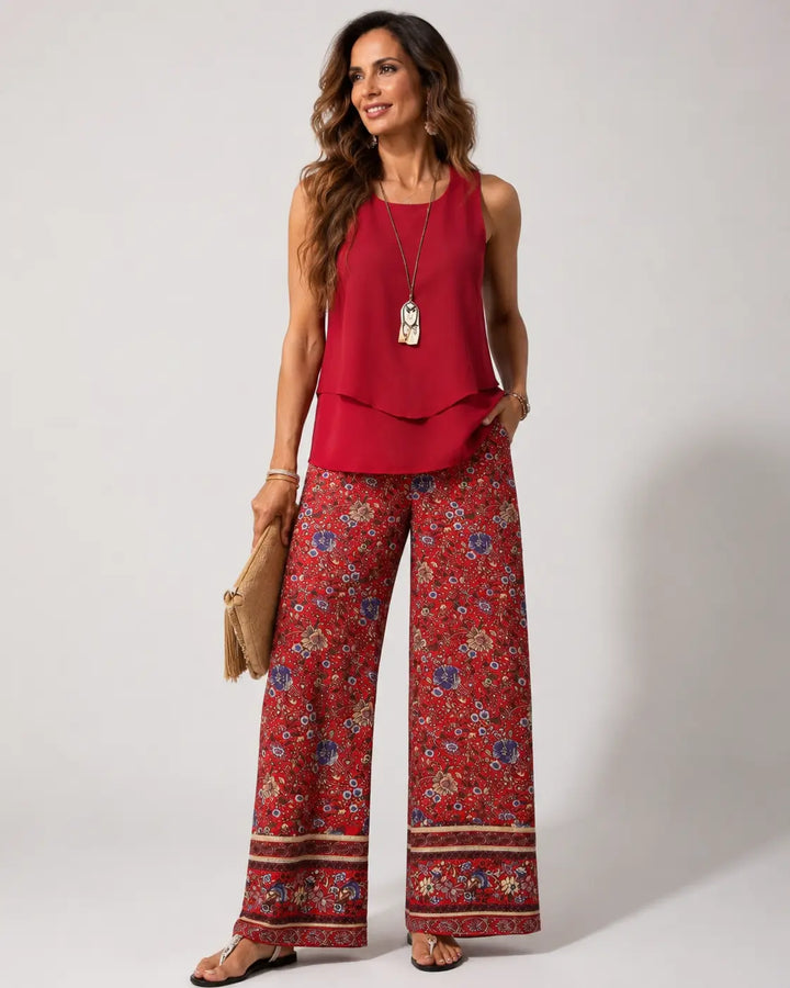Cayetana™ | Women's Layered Top &amp; Floral Wide-Leg Pants Two-Piece Set