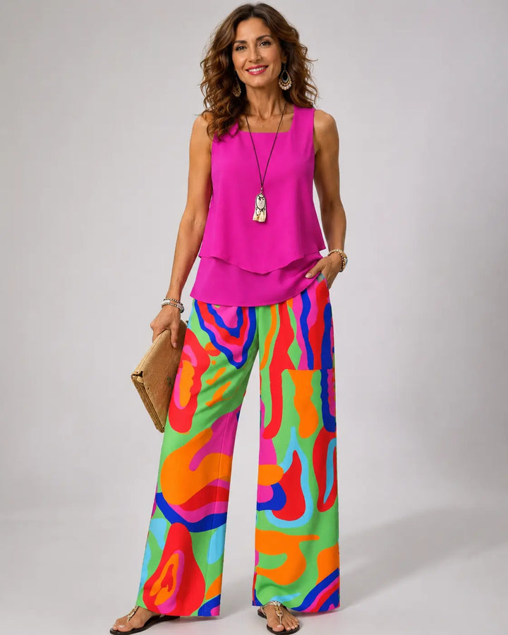 Clotilde™ | Women's Layered Top &amp; Abstract Print Wide-Leg Pants Two-Piece Set