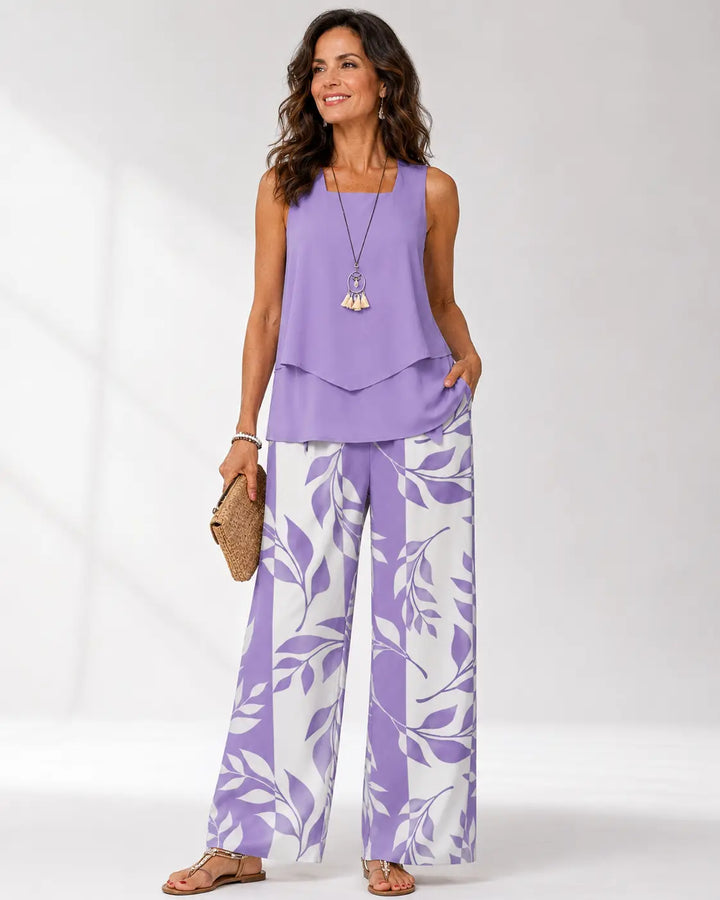 Justa™ | Women's Sleeveless Blouse &amp; Botanical Wide-Leg Pants Two-Piece Set