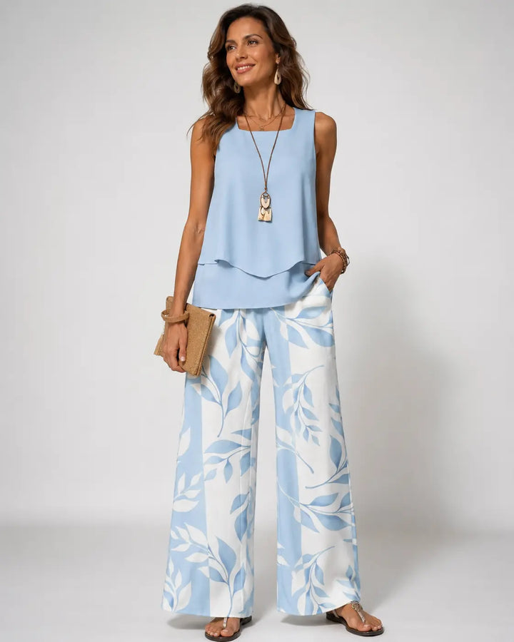 Olalla™ | Women's Layered Blouse &amp; Botanical Wide-Leg Pants Two-Piece Set