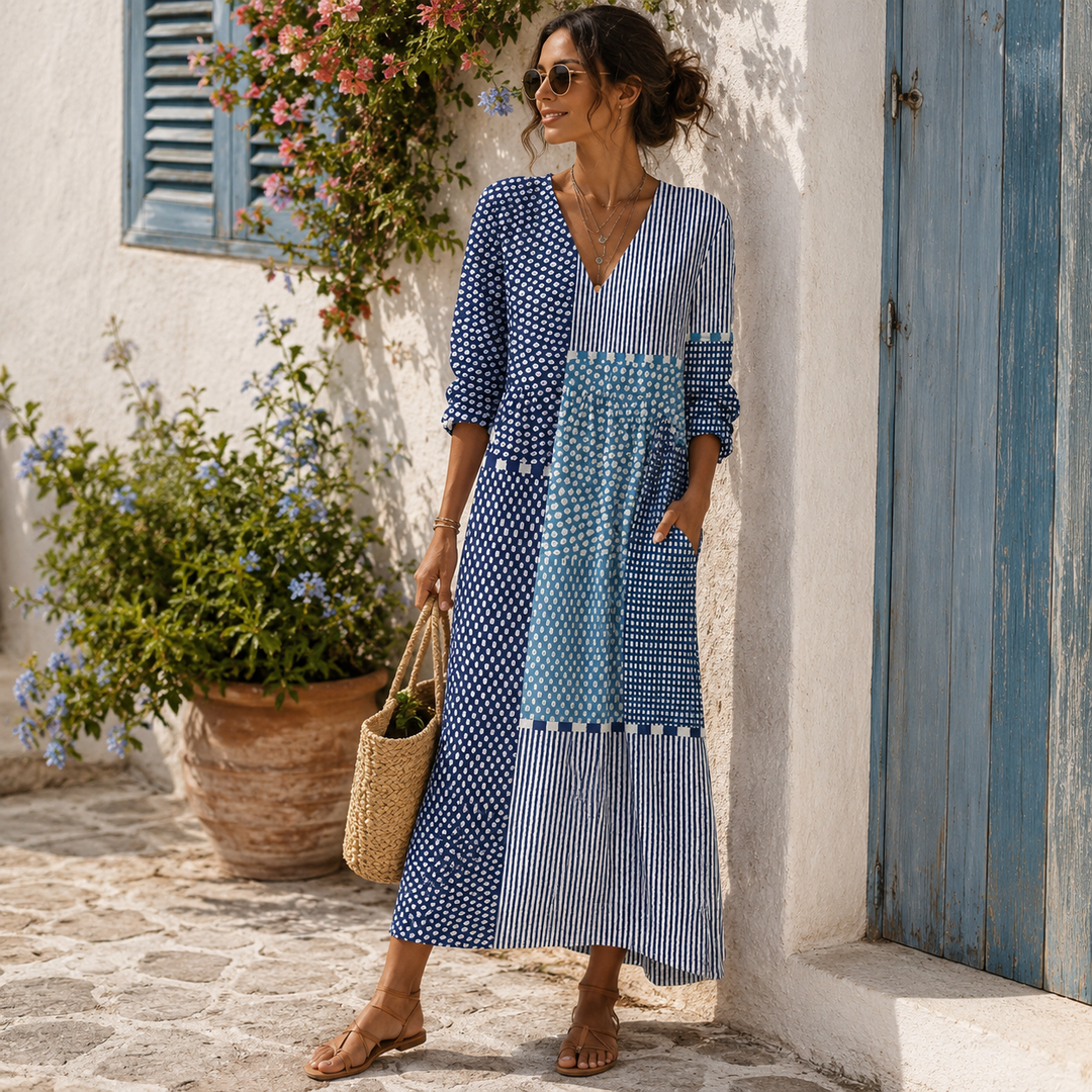 Clemencia™ | Blue Mosaic Maxi Dress