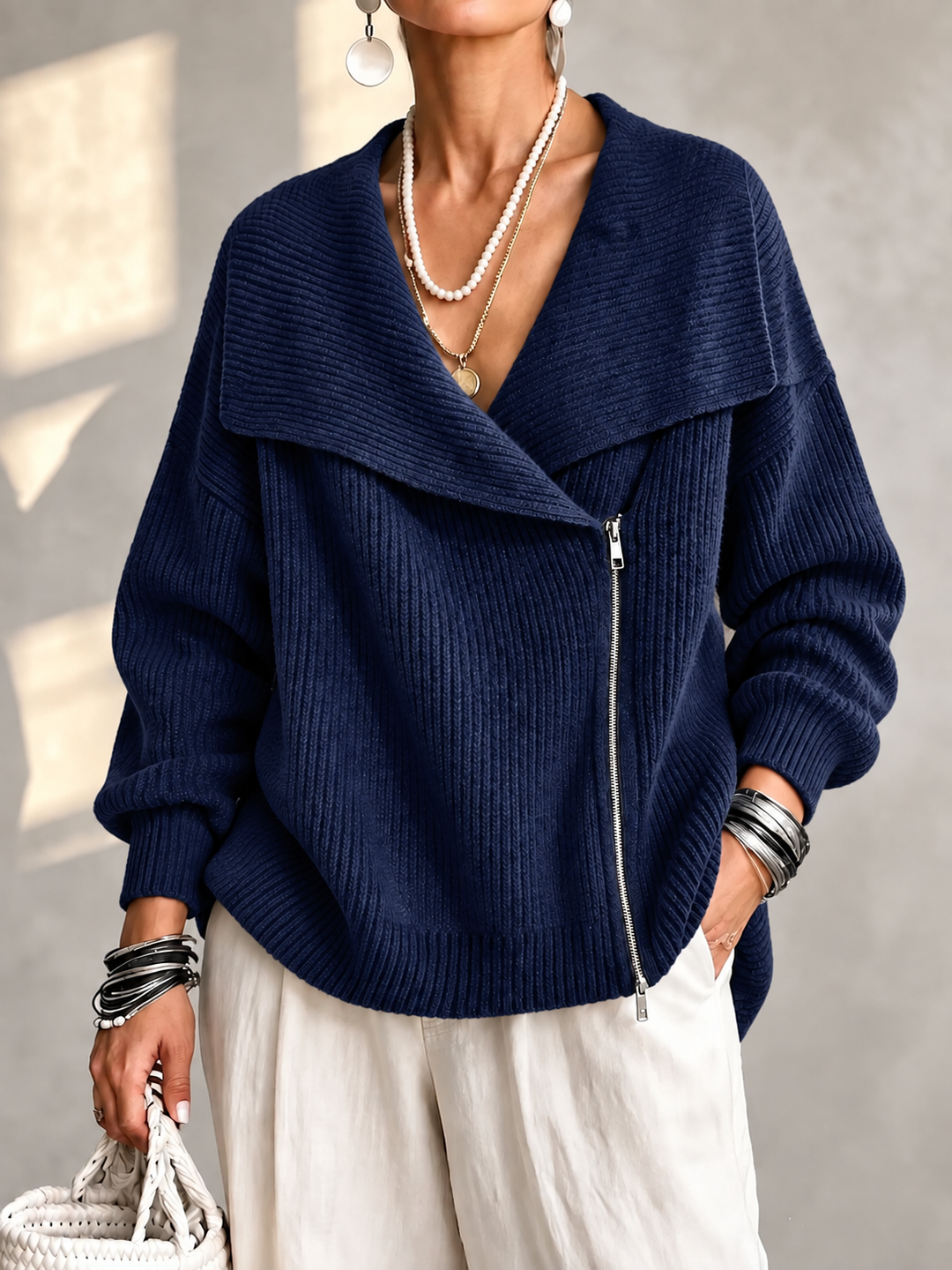 Josiane™ | Wide Collar Two-Way Zip Sweater