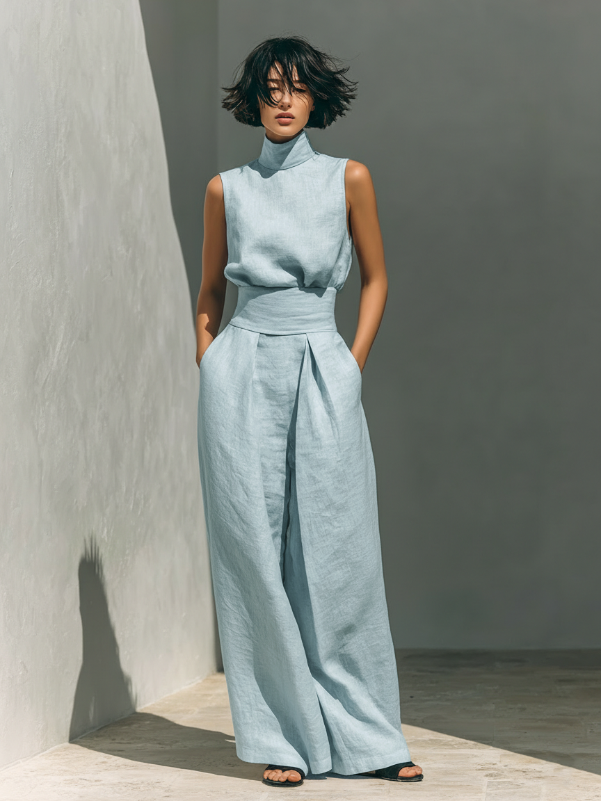 Venancia™ | Women's High-Neck Top &amp; Wide-Leg Pants Two-Piece Set