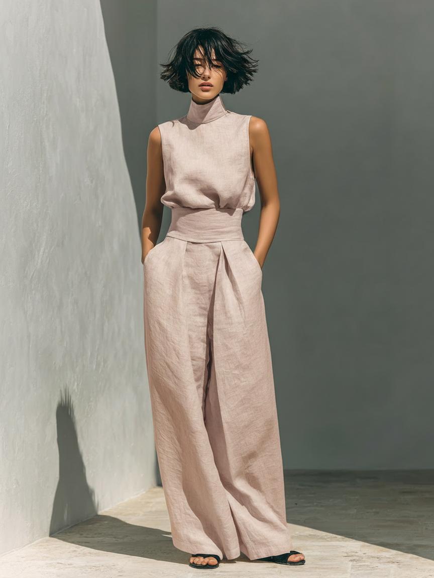Venancia™ | Women's High-Neck Top &amp; Wide-Leg Pants Two-Piece Set
